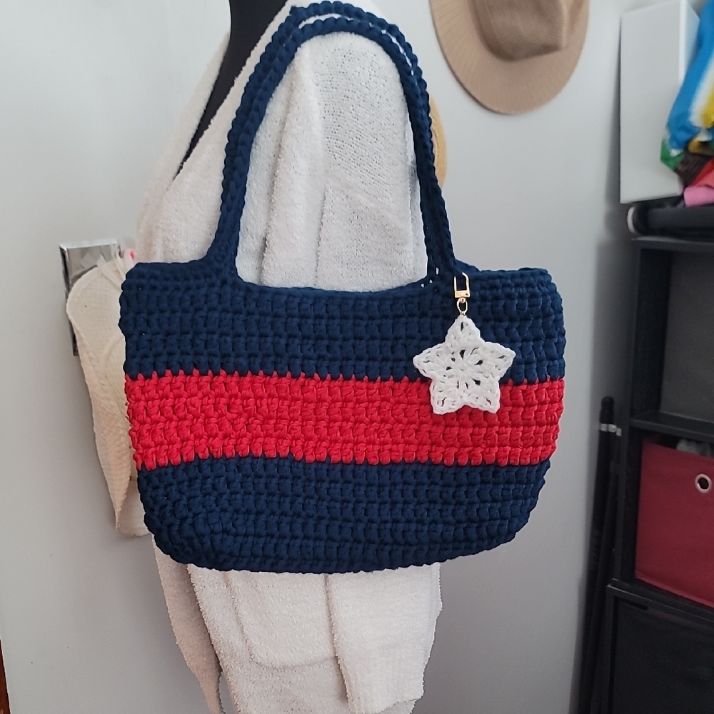 Handcrafted Navy and Red Crochet Tote Bag
